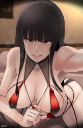 Rule 34 | 1girl, absurdly long hair, bikini, blunt bangs, breasts, butcha-u, clothes pull, dead or alive, highres, large breasts, long hair, looking at viewer, nyotengu, pulled by self, red bikini, solo, swimsuit, very long hair