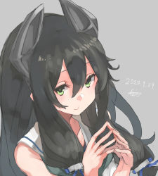 Rule 34 | 1girl, bad id, bad twitter id, black hair, commentary request, fingers together, green eyes, hair ribbon, headgear, highres, i-47 (kancolle), kantai collection, long hair, looking at viewer, ribbon, sailor collar, sailor shirt, shirt, sidelocks, solo, sunday aki, tress ribbon, upper body, white sailor collar