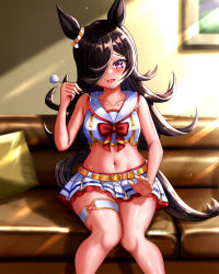 Rule 34 | alternate costume, animal ears, belt, black hair, blush, hair over one eye, highres, horse ears, horse girl, horse tail, lap pillow invitation, looking at viewer, midriff, navel, nice nature (run&amp;win) (umamusume), open mouth, pillow, rice shower (umamusume), shin (dshinb), sitting, tail, umamusume