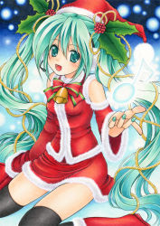 Rule 34 | 1girl, 2754, bad id, bad pixiv id, bell, black thighhighs, boots, christmas, detached sleeves, green eyes, green hair, hair ornament, hat, hatsune miku, headset, holly, holly hair ornament, long hair, marker (medium), matching hair/eyes, millipen (medium), nail polish, open mouth, santa costume, santa hat, sitting, skirt, solo, thighhighs, traditional media, twintails, very long hair, vocaloid, wariza
