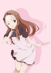 Rule 34 | 1girl, brown eyes, brown hair, highres, idolmaster, idolmaster (classic), index finger raised, jewelry, long hair, looking at viewer, minase iori, monsterx, necklace, one eye closed, pink background, solo