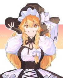 Rule 34 | 1girl, bad id, bad pixiv id, black dress, black gloves, black hat, blonde hair, blush, bow, braid, breasts, cheunes, commentary, dress, fingerless gloves, gloves, grin, hair between eyes, hair bow, hands up, hat, hat bow, highres, kirisame marisa, large breasts, long hair, long sleeves, looking at viewer, puffy sleeves, shirt, simple background, single braid, smile, solo, touhou, upper body, very long hair, white background, white bow, white shirt, witch hat, yellow eyes