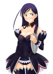 Rule 34 | 1girl, angel mort, bare shoulders, black thighhighs, blue eyes, blush, breasts, closed mouth, collarbone, cosplay, detached collar, detached sleeves, dress, eyebrows, female focus, frilled skirt, frilled sleeves, frills, gluteal fold, hair over shoulder, higurashi no naku koro ni, holding, legs together, long hair, long sleeves, looking at viewer, maria-sama ga miteru, medium breasts, ogasawara sachiko, purple hair, simple background, skirt, sleeve cuffs, solo, standing, thighhighs, toshifumi, tray, waitress, white background