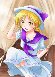 Rule 34 | 1girl, adjusting clothes, adjusting headwear, ascot, blonde hair, bow, curtains, dress, hat, hat bow, louise (touhou), open mouth, short hair, smile, socks, solo, squatting, touhou, touhou (pc-98), unya, white socks, wooden floor, yellow eyes