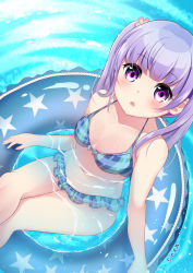 Rule 34 | 1girl, bikini, blue bikini, breasts, chestnut mouth, from above, highres, innertube, long hair, looking at viewer, looking up, new game!, partially submerged, plaid, plaid bikini, purple eyes, purple hair, sasha chii, sitting, small breasts, solo, suzukaze aoba, swim ring, swimsuit, twintails, water