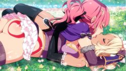 Rule 34 | 2girls, ass, blonde hair, body markings, breast press, breasts, french kiss, frilled skirt, frills, inma, kiss, large breasts, lying on another, making out, multiple girls, pink hair, sakura maid, sena (sakura maid), skirt, thighhighs, winged cloud, yuri