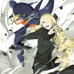Rule 34 | 1girl, black coat, black pants, black shirt, blonde hair, blurry, clenched hand, coat, commentary request, creatures (company), cynthia (pokemon), eyelashes, fur-trimmed coat, fur trim, game freak, garchomp, gen 4 pokemon, grey eyes, hair ornament, hair over one eye, long hair, looking to the side, nintendo, open mouth, pants, pokemon, pokemon (creature), pokemon dppt, sawaco (sawaco520), shirt, signature, teeth, tongue, upper teeth only