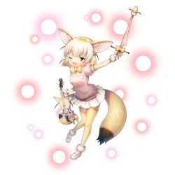 Rule 34 | 1girl, animal costume, animal ears, blonde hair, bow, bowtie, fennec (kemono friends), game cg, gloves, instrument, kemono friends, looking at viewer, official art, one eye closed, open mouth, pink shirt, shirt, short hair, simple background, skirt, smile, solo, tachi-e, transparent background, white background, white skirt