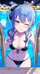 Rule 34 | 1girl, absurdres, bare shoulders, bikini, black bikini, black ribbon, blue eyes, blue hair, blue nails, blush, breasts, cleavage, collarbone, commentary request, grin, hair between eyes, hair ribbon, highres, hololive, hoshimachi suisei, jewelry, kudoukudokudo, long hair, looking at viewer, navel, necklace, night, night sky, one eye closed, pool, pool ladder, ribbon, side ponytail, sky, small breasts, smile, solo, star (symbol), star in eye, stomach, swimsuit, symbol in eye, teeth, thighs, virtual youtuber, water, wet