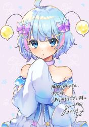 Rule 34 | 1girl, :o, amefukura art, antennae, arm cutout, bare shoulders, blue dress, blue hair, blush, bow, character name, commission, dress, hair bow, highres, indie virtual youtuber, looking at viewer, moon jelly, off-shoulder dress, off shoulder, open mouth, purple bow, short eyebrows, short hair, skeb commission, sleeves past fingers, sleeves past wrists, solo, virtual youtuber