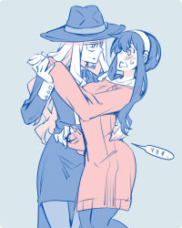Rule 34 | 2girls, arm around waist, asymmetrical docking, bare shoulders, black dress, black hair, black headwear, blush, breast press, breasts, commentary request, dress, earrings, eye contact, glasses, gold earrings, hairband, hand on another&#039;s arm, hand on another&#039;s back, hand on another&#039;s hip, hat, holding, holding hands, hug, jewelry, kamimiya, large breasts, long hair, looking at another, multiple girls, off-shoulder sweater, off shoulder, open mouth, red eyes, red hair, red sweater, sidelocks, smile, spy x family, sweater, sylvia sherwood, two-sided fabric, white hairband, wide brim, yor briar, yuri