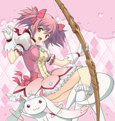 Rule 34 | 10s, 1girl, aged up, bow, bow (weapon), cover, cover page, gloves, hair bow, kaname madoka, kneehighs, kyubey, looking at viewer, magical girl, mahou shoujo madoka magica, mahou shoujo madoka magica (anime), object on head, open mouth, panties, panties on head, pink eyes, pink hair, puffy sleeves, ribbon, short twintails, smile, socks, twintails, underwear, weapon, white gloves, white socks, yokota mamoru