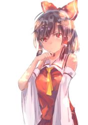 Rule 34 | 1girl, ascot, bad id, bad twitter id, bare shoulders, brown hair, detached sleeves, hair ornament, hair ribbon, hair tubes, hakurei reimu, japanese clothes, long sleeves, looking at viewer, miko, pokan (xz1128), red eyes, ribbon, shirt, simple background, skirt, skirt set, solo, sweat, touhou, upper body, white background, wide sleeves