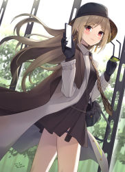 Rule 34 | 1girl, backlighting, bag, black dress, black hat, blush, brown cape, brown hair, cape, cellphone, closed mouth, coat, commission, cowboy shot, dated, day, dress, earrings, from side, girls&#039; frontline, green-tinted eyewear, grey coat, hat, highres, holding, holding phone, holding removed eyewear, jewelry, long hair, long sleeves, looking at viewer, looking to the side, official alternate costume, open clothes, open coat, outdoors, p90 (girls&#039; frontline), p90 (the girl from b.e.l) (girls&#039; frontline), parted bangs, phone, pixiv commission, red eyes, sarasa (kanbi), shoulder bag, signature, smartphone, smile, solo, sunglasses, thigh strap, tinted eyewear, unworn eyewear, very long hair