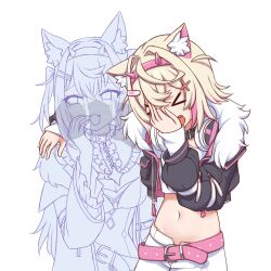 Rule 34 | &gt; &lt;, 2girls, :d, animal ear fluff, animal ears, arm around shoulder, belt, black collar, black jacket, blonde hair, blue hairband, breasts, chain, cleavage, cleavage cutout, clothing cutout, collar, commentary, crop top, cropped jacket, cropped shirt, dog ears, dog girl, dress, fangs, frills, fur-trimmed jacket, fur trim, fuwawa abyssgard, fuwawa abyssgard (1st costume), hair ornament, hairband, hairclip, highres, hololive, hololive english, jacket, large breasts, long hair, looking to the side, medium hair, midriff, mococo abyssgard, mococo abyssgard (1st costume), multicolored hair, multiple girls, navel, open mouth, pink belt, pink hair, pink hairband, shirt, short hair, siblings, simple background, sisters, smile, spiked collar, spikes, stomach, streaked hair, twins, two side up, upper body, virtual youtuber, white background, white dress, white shirt, wool (miwol), x hair ornament