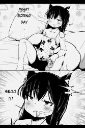 Rule 34 | 1girl, absurdres, animal ears, animal print, breasts, camisole, cat ears, cigarette, comic, cup, english text, engrish text, eyebrows hidden by hair, highres, holding, holding cup, housou-kun, long hair, meme, original, pillow, rabbit print, ranguage, seggs (meme), short shorts, shorts, sitting, small breasts, smoking, solo, strap slip, sweat