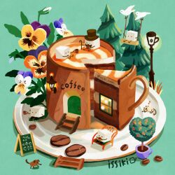 Rule 34 | artist name, bird, cafe, cake, cat, chair, coffee, coffee beans, commentary request, cup, dog, flower, food, food focus, issiki toaki, lamppost, marshmallow, menu board, no humans, original, sugar cube, tree