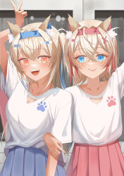 Rule 34 | 2girls, animal ear fluff, animal ears, blonde hair, blue eyes, blue hair, blush, closed mouth, dog ears, dog girl, fuwawa abyssgard, hair ornament, hairpin, highres, hololive, hololive english, hyk0806, long hair, looking at viewer, medium hair, mococo abyssgard, multicolored hair, multiple girls, open mouth, pink eyes, pink hair, siblings, sidelocks, sisters, smile, streaked hair, teeth, twins, two side up, upper teeth only, v, virtual youtuber, x hair ornament