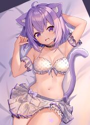 Rule 34 | 1girl, :3, ahoge, animal ears, arm behind head, bikini, blush, bow, breasts, cat ears, cat girl, cat tail, cleavage, collar, collarbone, cowboy shot, fang, highres, hololive, hololive summer 2022 swimsuit, looking at viewer, lying, medium breasts, medium hair, nail polish, navel, nekomata okayu, official alternate costume, on back, open mouth, purple eyes, purple hair, purple nails, smile, solo, swimsuit, tail, tooo88, virtual youtuber