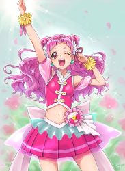 Rule 34 | 1girl, ;d, arm up, armpits, bow, chocokin, clenched hand, clothing cutout, cone hair bun, cowboy shot, cure yell, earrings, floating hair, flower, hair bun, hair flower, hair ornament, hair ribbon, highres, hugtto! precure, jewelry, long hair, looking at viewer, midriff, miniskirt, navel, one eye closed, open mouth, pink eyes, pink hair, pink shirt, pink skirt, pleated skirt, precure, red ribbon, ribbon, see-through, shirt, shoulder cutout, skirt, smile, solo, sparkle, standing, stomach, very long hair, white bow, white flower, wrist cuffs