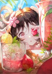 Rule 34 | 1girl, animal ears, antenna hair, arknights, blush, brown hair, chestnut mouth, covering one eye, cup, day, drink, drinking glass, eyjafjalla (arknights), flower, food, fruit, greypidjun, hair flower, hair ornament, hibiscus, highres, holding, holding food, horns, ice, ice cube, lemon, lemon slice, long hair, looking at viewer, official alternate costume, open mouth, outdoors, pink flower, purple eyes, sheep ears, sheep girl, sheep horns, solo, strawberry, sunlight, table