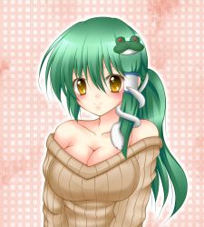 Rule 34 | 1girl, alternate costume, alternate hairstyle, bad id, bad pixiv id, bare shoulders, breasts, cleavage, collarbone, colorized, female focus, frog hair ornament, green hair, hair ornament, highres, kochiya sanae, large breasts, off-shoulder, off-shoulder sweater, off shoulder, ponytail, shunkashuutou, smile, snake hair ornament, solo, sweater, touhou, yellow eyes