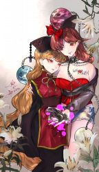 Rule 34 | 2girls, adapted costume, bare shoulders, blonde hair, closed mouth, commentary request, flower, flower request, gin fragrans, grey background, headdress, hecatia lapislazuli, highres, junko (touhou), light smile, long hair, looking at another, looking at viewer, multiple girls, parted lips, red eyes, red hair, signature, simple background, tattoo, touhou, very long hair, white flower, yuri
