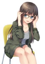 Rule 34 | 1girl, :d, black-framed eyewear, black shorts, blue eyes, blush, breasts, brown hair, chair, cleavage, collarbone, commentary request, glasses, green jacket, grey shirt, hands up, jacket, leaning forward, long hair, long sleeves, looking at viewer, medium breasts, open clothes, open jacket, open mouth, original, shirt, short shorts, shorts, sidelocks, simple background, sitting, smile, solo, unasaka ryou, white background