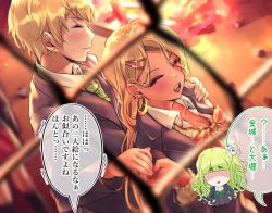 1boy, 2girls, blonde hair, blush, bonfire, bow, bowtie, breasts, chibi, chibi inset, cleavage, collared shirt, commentary request, earrings, eyeball hair ornament, eyebrows visible through hair, eyes closed, faceless, faceless female, fence, green hair, gyaru, hair ornament, hairclip, hand holding, hand on another&#039;s shoulder, hands on hips, highres, jacket, jewelry, kinjyou (shashaki), kogal, light particles, long hair, loose bowtie, loose clothes, loose shirt, multiple girls, necktie, original, osanai (shashaki), pov, school uniform, shashaki, shirt, short hair, side ponytail, smile, translation request