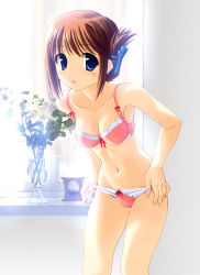 Rule 34 | 00s, 1girl, armpits, bare shoulders, blue eyes, blush, bow, bow bra, bow panties, bra, breasts, brown hair, cleavage, collarbone, embarrassed, eyebrows, female focus, folded ponytail, groin, hair ornament, highres, indoors, komaki manaka, legs together, lingerie, looking at viewer, medium breasts, navel, norizou type-r, panties, panty pull, parted lips, red bra, red panties, ribs, short hair, solo, standing, to heart (series), to heart 2, underwear, underwear only, undressing, window
