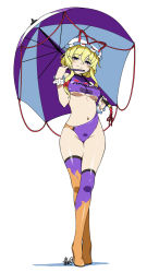 Rule 34 | 1girl, adapted costume, alternate costume, blonde hair, boots, breasts, crossed legs, female focus, folding fan, groin, hand fan, hat, hat ribbon, high heels, highleg, hyouju issei, legs, long hair, medium breasts, navel, race queen, ribbon, simple background, smile, solo, standing, thigh boots, thighhighs, thighs, touhou, umbrella, underboob, watson cross, white background, wide hips, wrist cuffs, yakumo yukari