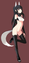 Rule 34 | 1girl, anabuki tomoko, animal ears, bare shoulders, black eyes, black hair, bottomless, breasts, fox ears, fox tail, long hair, navel, shimada fumikane, simple background, small breasts, smile, solo, strike witches, strike witches: suomus misfits squadron, tail, third-party edit, world witches series