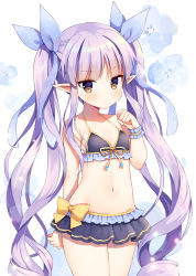 Rule 34 | 1girl, bare arms, bare shoulders, bikini, black bikini, blue flower, blue ribbon, blush, breasts, brown eyes, closed mouth, commentary request, floral background, flower, front-tie bikini top, front-tie top, groin, hair ribbon, hand up, highres, kyoka (princess connect!), long hair, looking at viewer, mauve, navel, pointy ears, princess connect!, ribbon, sidelocks, small breasts, solo, swimsuit, twintails, very long hair, wrist cuffs