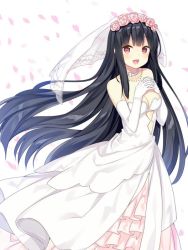 Rule 34 | 1girl, :d, alternate costume, bare shoulders, bekotarou, black hair, blush, breasts, bridal veil, brown eyes, choker, cleavage, commentary request, dress, elbow gloves, flower, gloves, hair flower, hair ornament, houraisan kaguya, interlocked fingers, jewelry, long hair, looking at viewer, medium breasts, necklace, open mouth, own hands together, petals, rose, sidelocks, smile, solo, touhou, veil, very long hair, wedding dress, white gloves