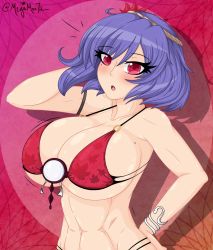 Rule 34 | abs, bikini, bikini top only, breasts, eye contact, hand on own hip, highres, huge breasts, looking at another, looking at viewer, megamoo, multi-strapped bikini, purple hair, red background, red bikini, red eyes, solo, swimsuit, touhou, yasaka kanako