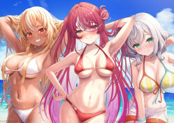 Rule 34 | 3girls, alternate costume, armpits, arms up, bare shoulders, beach, bikini, blonde hair, blue sky, blurry, blurry background, blush, breasts, cleavage, collarbone, colored inner hair, commentary request, cowboy shot, dark-skinned female, dark skin, day, depth of field, grin, hair bun, hair over shoulder, hand in own hair, heterochromia, highres, hololive, horizon, houshou marine, large breasts, lens flare, licking lips, long hair, looking at viewer, multicolored hair, multiple girls, navel, oozora subaru, oozora subaru (1st costume), outdoors, pink hair, red bikini, red eyes, red hair, shiranui flare, shirogane noel, sky, smile, stomach, streaked hair, string bikini, suicabar72, sunlight, swimsuit, tongue, tongue out, virtual youtuber, water, watermark, white bikini, yellow eyes