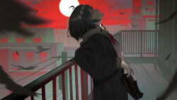 Rule 34 | 1girl, 38 (sanjuuhachi), absurdres, against railing, ahoge, apartment, bird, black hair, black jacket, blurry, blurry foreground, bow, bowtie, closed eyes, cloud, facing up, falling feathers, feathers, highres, holding, holding shoes, hood, hoodie, jacket, long sleeves, moon, motion blur, night, open mouth, original, outdoors, power lines, profile, railing, red bow, red bowtie, red sky, shoes, short hair, sky, solo, white hoodie, window