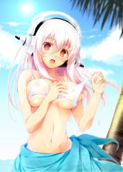 Rule 34 | 1girl, :d, bikini, blush, breasts, covered erect nipples, headphones, large breasts, long hair, looking at viewer, navel, nitroplus, open mouth, palm tree, pink hair, red eyes, sarong, shiny skin, skindentation, smile, solo, super sonico, swimsuit, tan, tanline, tree, undersized clothes, white bikini, yuuki makoto (radiant)