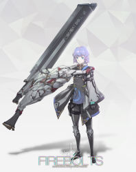 Rule 34 | 1girl, absurdres, armor, black pants, blue eyes, closed mouth, earrings, extra arms, highres, holding, holding sword, holding weapon, huge weapon, jewelry, long sleeves, looking at viewer, mechanical arms, original, oversized forearms, oversized limbs, pants, purple hair, short hair, single mechanical arm, solo, standing, sword, urorong, weapon, wide sleeves