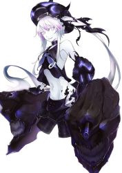Rule 34 | 10s, 1girl, abyssal ship, amputee, arm cannon, bare shoulders, black gloves, black skirt, colored skin, destroyer princess, desuko, double amputee, gloves, groin, hat, horns, kantai collection, long hair, navel, purple eyes, side ponytail, sidelocks, skirt, solo, turret, very long hair, weapon, white hair, white skin
