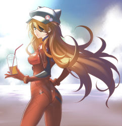 Rule 34 | 10s, 1girl, animal ears, animal hat, aqua eyes, ass, bad id, bad pixiv id, badge, black hat, blue eyes, bodysuit, bracer, breasts, button badge, cabbie hat, cloud, cowboy shot, cup, day, drink, drinking straw, evangelion: 3.0 you can (not) redo, eyepatch, fake animal ears, from behind, from side, gloves, hair over one eye, hand on own hip, hat, hat ornament, headgear, holding, legs apart, long hair, looking at viewer, looking back, medium breasts, neon genesis evangelion, orange hair, outdoors, parted lips, pilot suit, plugsuit, rebuild of evangelion, skin tight, skull print, sky, solo, souma kira, souryuu asuka langley, standing, star (symbol), star print, sunlight, tape, transparent, turtleneck, very long hair, water