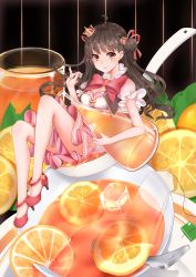 Rule 34 | 1girl, absurdres, blush, bow, bowtie, brown eyes, brown hair, closed mouth, crown, dress, food, fruit, hanami dango (zzldango), high heels, highres, holding, ice, ice cube, iced tea, in food, long hair, looking at viewer, mini crown, mini person, minigirl, orange (fruit), orange slice, original, personification, pink dress, pinky out, puffy short sleeves, puffy sleeves, red bow, red bowtie, red footwear, short sleeves, sitting, smile, solo, spoon, tea