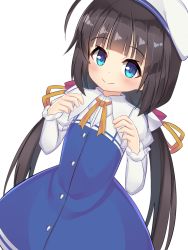 Rule 34 | 1girl, ahoge, arms up, blue dress, blue eyes, blunt bangs, brown hair, dress, hat, hinatsuru ai, long hair, low twintails, ozu yugurou, ryuuou no oshigoto!, simple background, smile, solo, twintails, very long hair, white background, white hat