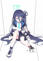 Rule 34 | &lt;key&gt; (blue archive), 1girl, absurdres, android, black hair, black socks, blue archive, blue necktie, damaged, eye injury, hair between eyes, hairband, halo, highres, injury, jacket, kiroshi, long hair, long sleeves, looking at viewer, mechanical parts, necktie, on floor, one eye closed, one side up, pink eyes, shirt, shoes, sitting, socks, solo, very long hair, white footwear, white shirt, wire