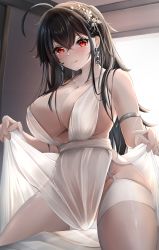 Rule 34 | 1girl, :q, absurdres, armlet, azur lane, bare shoulders, black hair, blush, breasts, cleavage, clothes lift, collarbone, crossed bangs, dress, dress lift, earrings, garter straps, hair ornament, highres, jewelry, large breasts, long hair, looking at viewer, mctom, official alternate costume, red eyes, sideboob, solo, taihou (azur lane), taihou (temptation on the sea breeze) (azur lane), thighs, tongue, tongue out, white dress, white legwear