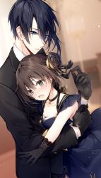 Rule 34 | 1boy, 1girl, alternate costume, black choker, black gloves, black jacket, black pants, black ribbon, blue dress, blue eyes, blue hair, blurry, blurry background, blush, breasts, brown hair, choker, cleavage, collarbone, commentary request, depth of field, dress, female saniwa (touken ranbu), formal, gloves, grey eyes, hair between eyes, hair bun, hair ornament, hair ribbon, highres, jacket, lace, lace-trimmed gloves, lace trim, long sleeves, mikazuki munechika, mochizuki shiina, open mouth, pants, parted lips, ribbon, saniwa (touken ranbu), sayagata, side bun, single hair bun, single side bun, sleeveless, sleeveless dress, small breasts, suit, touken ranbu