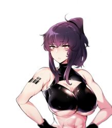 1girl, absurdres, bad id, bad pixiv id, bangs, barcode, bare shoulders, black gloves, blush, breasts, cleavage, cleavage cutout, closed mouth, clothing cutout, crop top, crop top overhang, gloves, highres, large breasts, long hair, original, pocari sweat (artist), ponytail, purple hair, red eyes, solo, sweat, toned, underboob, upper body