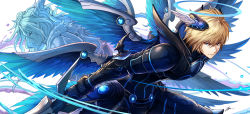 Rule 34 | 2boys, archangel lucifer, archdemon lucifer (p&amp;d), blonde hair, blue eyes, blue wings, closed mouth, feathered wings, fur trim, gauntlets, glowing, hair between eyes, halo, head wings, holding, holding sword, holding weapon, horns, light frown, long hair, male focus, multiple boys, multiple wings, puzzle &amp; dragons, revision, sword, tenyo0819, water, weapon, wings
