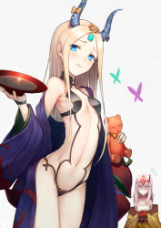Rule 34 | 2girls, abigail williams (fate), alcohol, alternate costume, bags under eyes, bare shoulders, beads, black bow, blonde hair, blue eyes, blush, bow, breasts, bug, butterfly, closed mouth, constricted pupils, cosplay, cup, facial mark, fate/grand order, fate (series), flying sweatdrops, forehead, forehead jewel, forehead mark, grey hair, headpiece, hip focus, horns, ibaraki douji (fate), ibaraki douji (fate) (cosplay), insect, japanese clothes, kimono, kyoeiki, lavinia whateley (fate), long hair, looking at viewer, multiple girls, navel, off shoulder, open clothes, open kimono, orange bow, pale skin, parted bangs, polka dot, polka dot bow, purple eyes, purple kimono, revealing clothes, sakazuki, sake, shuten douji (fate), shuten douji (fate) (cosplay), simple background, single horn, stuffed animal, stuffed toy, tattoo, teddy bear, thighs, very long hair, white background, wide-eyed, wide sleeves, yellow kimono