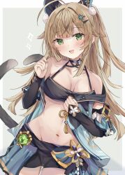 Rule 34 | 1girl, animal ears, bare shoulders, black shorts, blue jacket, blush, breasts, brown hair, cat ears, cat girl, cat tail, cleavage, commentary request, fangs, genshin impact, green eyes, highres, jacket, kirara (genshin impact), looking at viewer, maruro, medium breasts, midriff, multiple tails, navel, off shoulder, one side up, open clothes, open jacket, open mouth, shorts, simple background, skin fangs, smile, solo, tail, two tails, upper body, white background